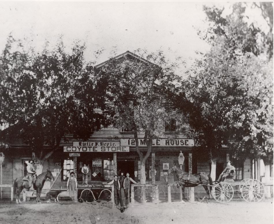 Twelve Mile House was a Stagecoach stop on way to Monterey from San Jose, CA. 12 miles from San Jose on Monterey Road at Coyote, 1907