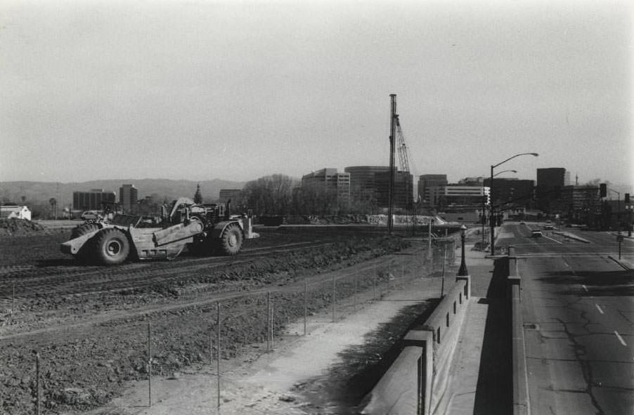 San Jose Arena (HP Pavilion) under construction at West Santa Clara and Montgomery Streets, San Jose, 1930s