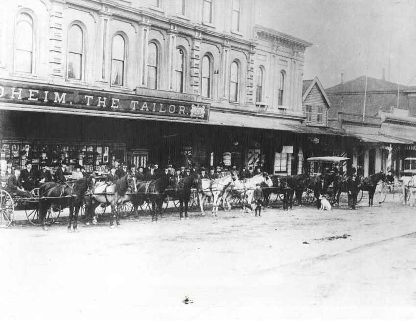 Horses and carts parked outside storefront, San Jose, 1880s
