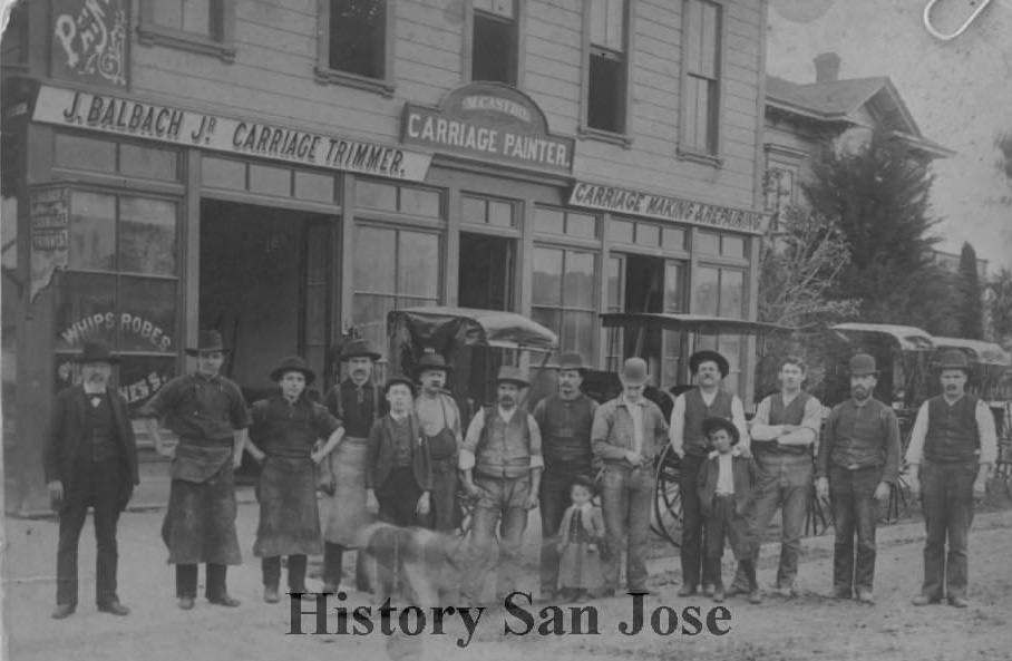 John Balbach, Jr's carriage trimming and painting shop was located on the northwest corner of Market Street and Pierce Avenue, San Jose, 1896