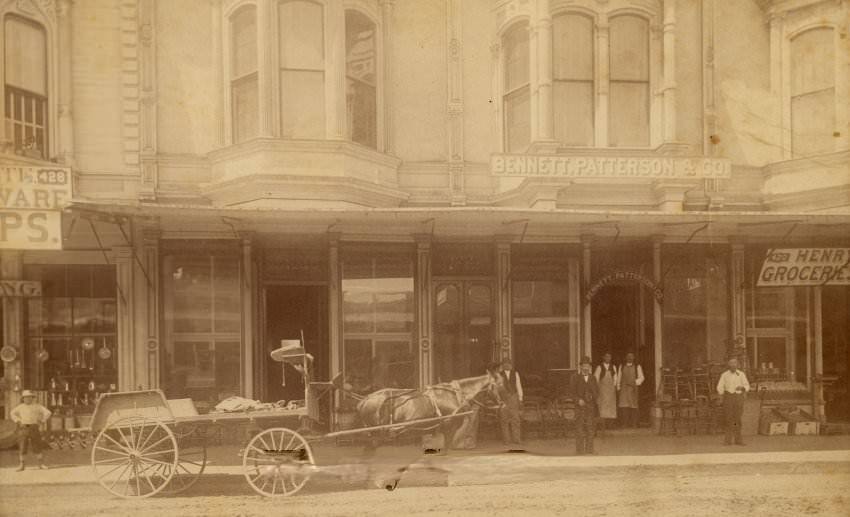 Horse-drawn cart outside Bennett, Patterson & Co. furniture store, 1900