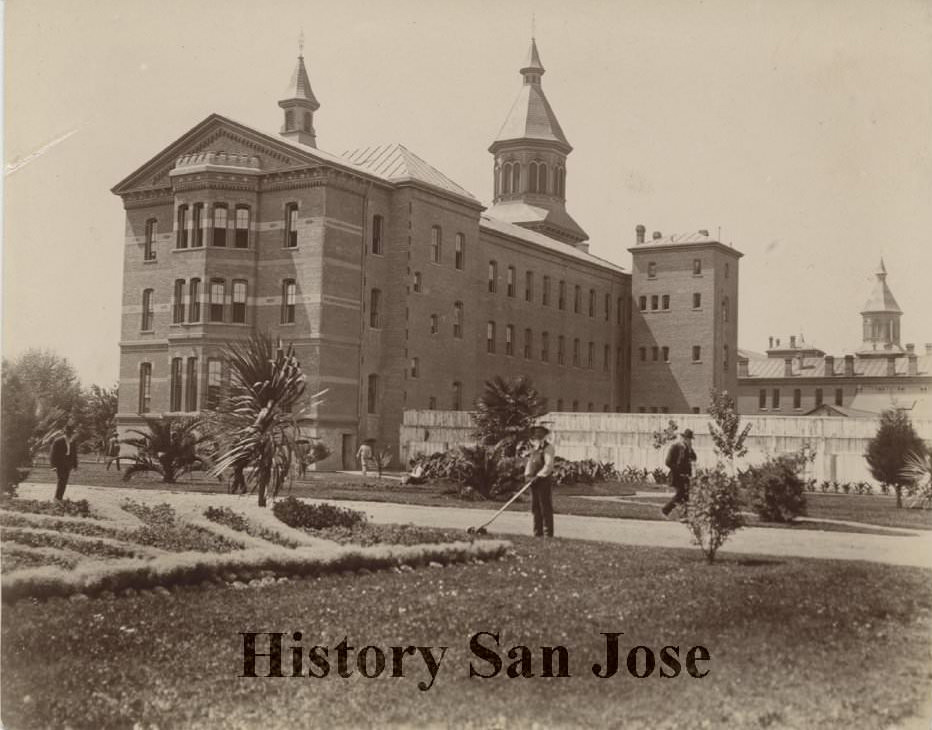 Agnews State Hospital, rear side, with gardener and pedestrians, 1890