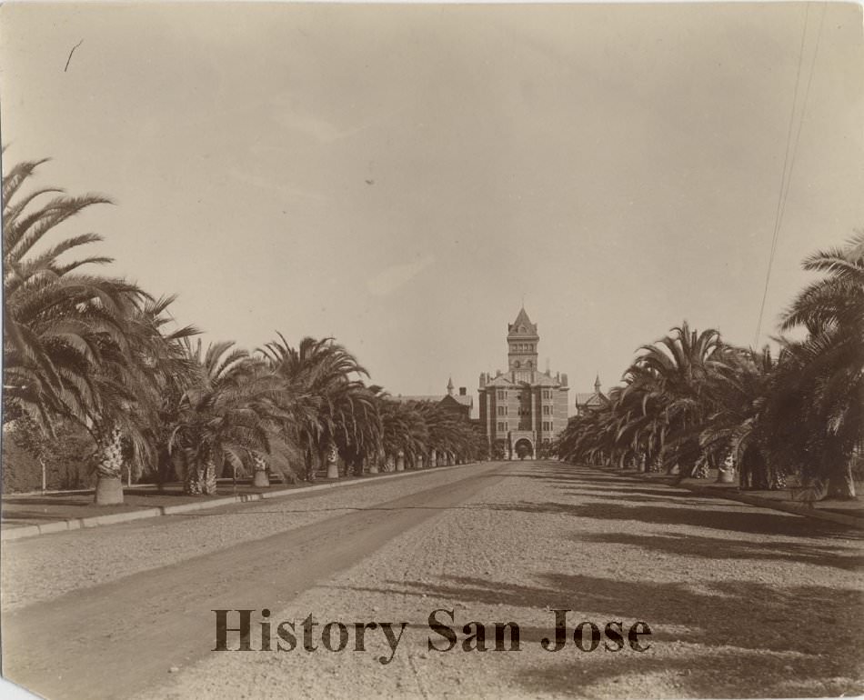 Agnews State Hospital, front view up new, Palm tree lined drive, 1890