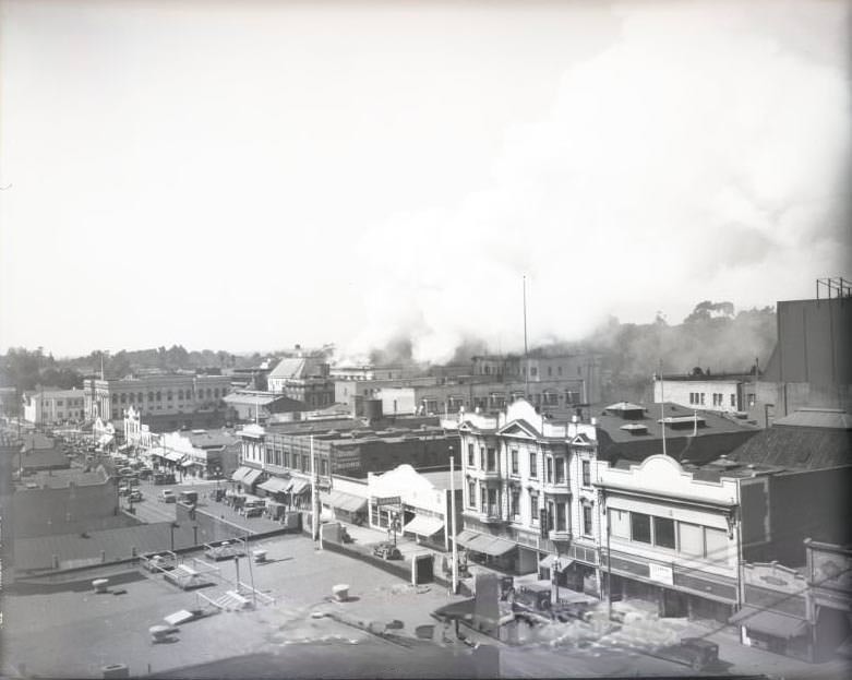 View of the Santa Clara County Courthouse fire from a local office window, 1931