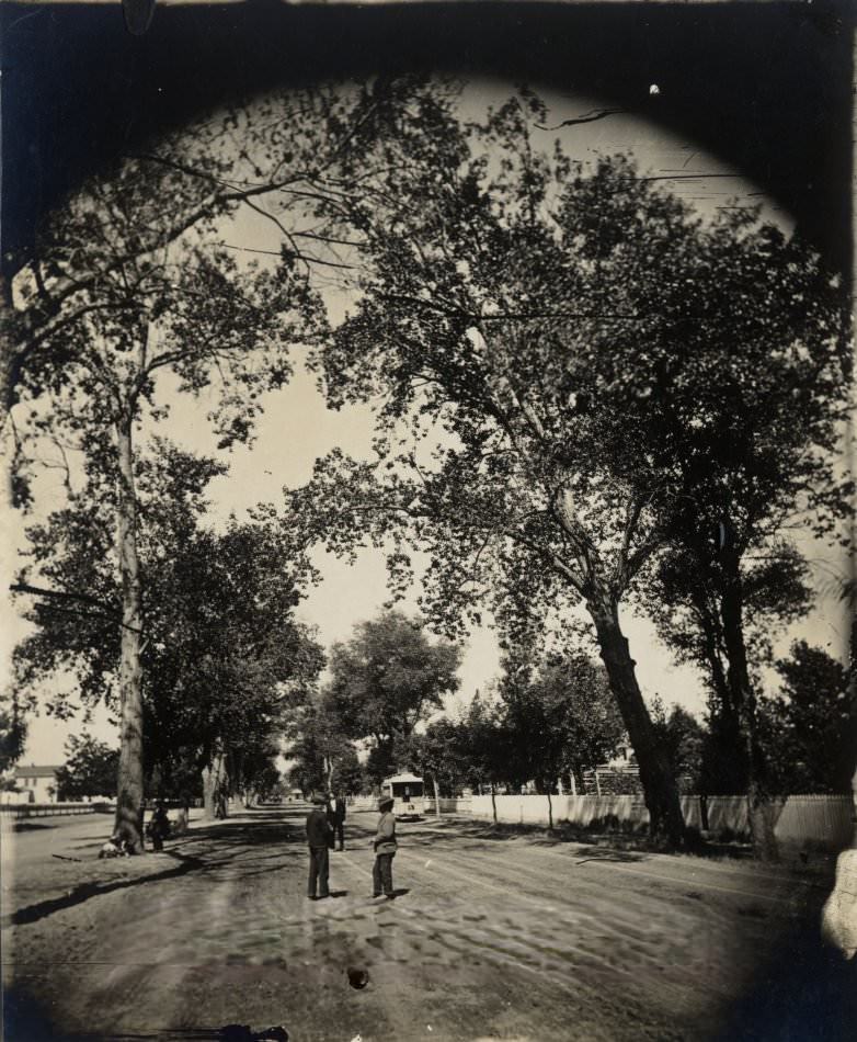 Men standing in the middle of the dirt Alameda, with a trolley in the distance, 1870s