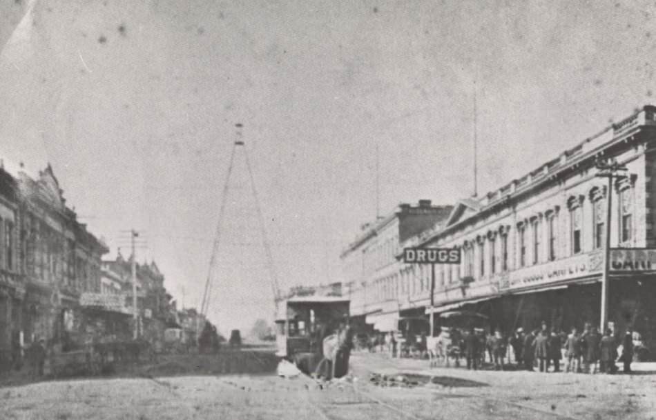 Horse car near Electric Light tower, San Jose, 1880s