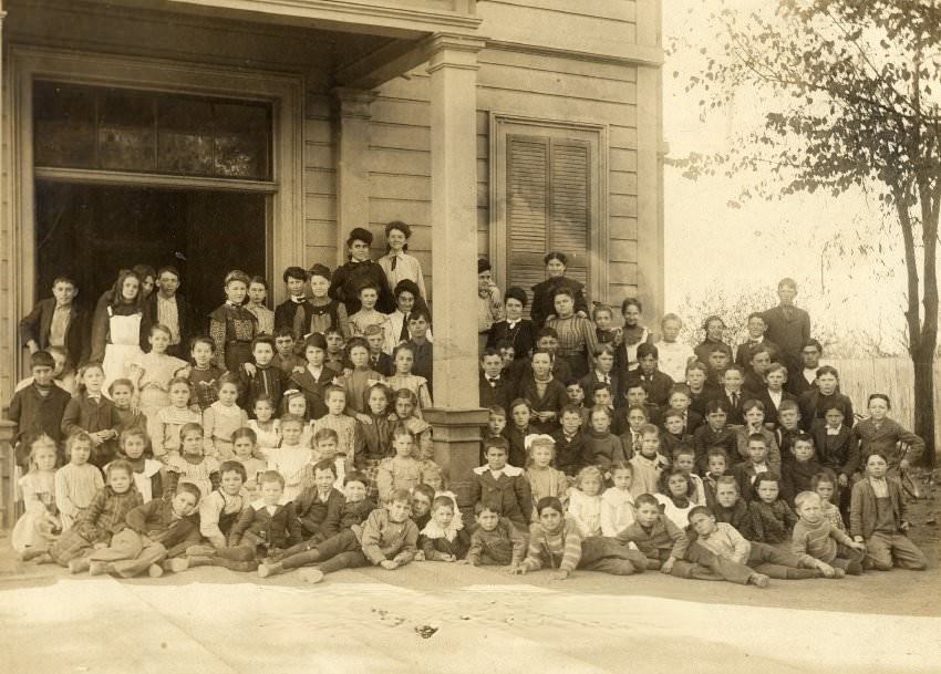 Berryessa School group posed in front of school building, 1906