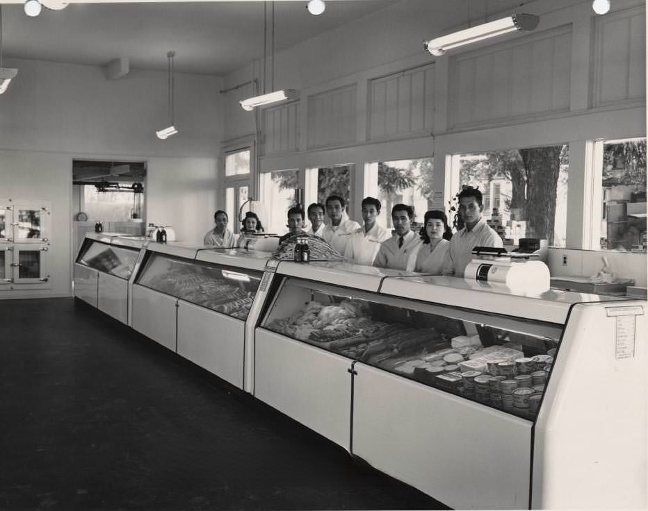 National Food Market, 598 S. 1st St, San Jose, interior showing the employees behind the counter, 1947