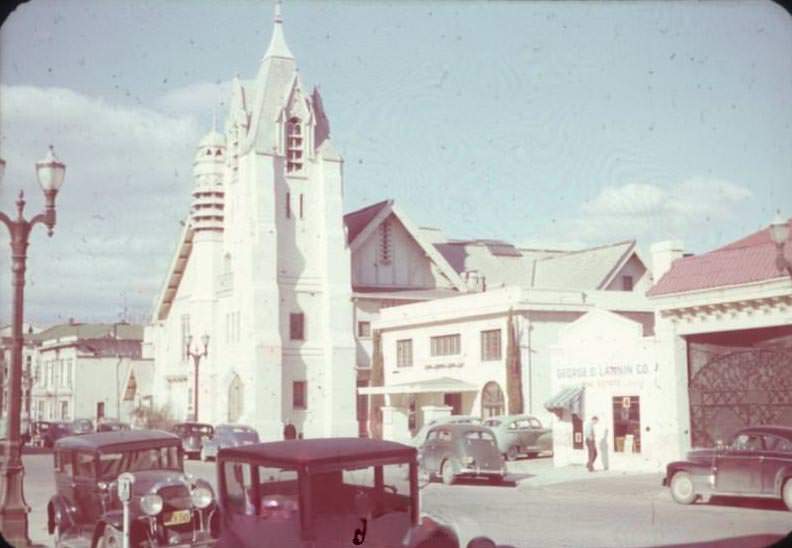 Church located at 60 North Third. George D. Lannin Company real estate and insurance is next to it at 34 North Third, 1949