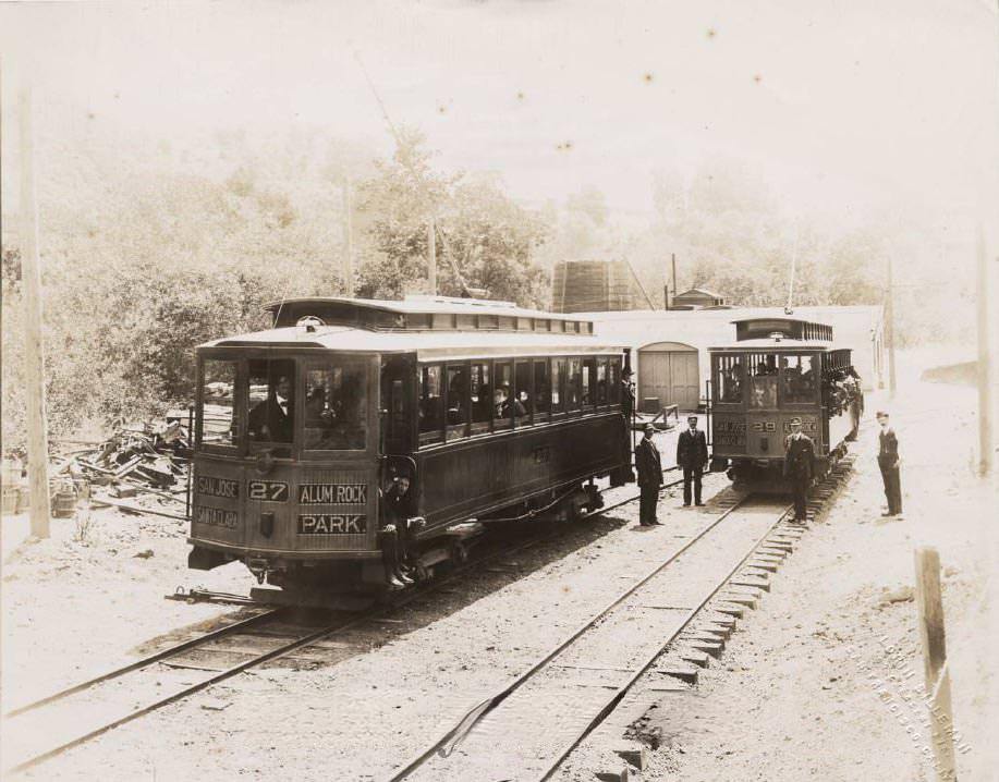 Two cars of Alum Rock Steam Railroad at Alum Rock Park, San Jose, 1900s