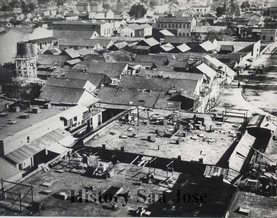 San Jose Chinatown, immediately to north of the new San Jose Post Office on south Market St, 1880s