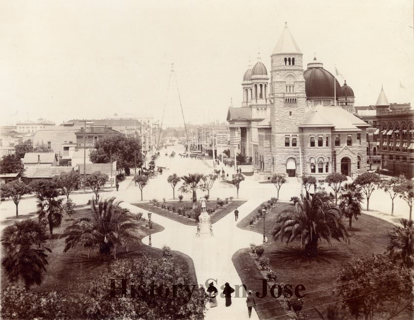Looking down at Market Square/Market Plaza, with the old San Jose Library building and St. Joseph's Church, 1890s
