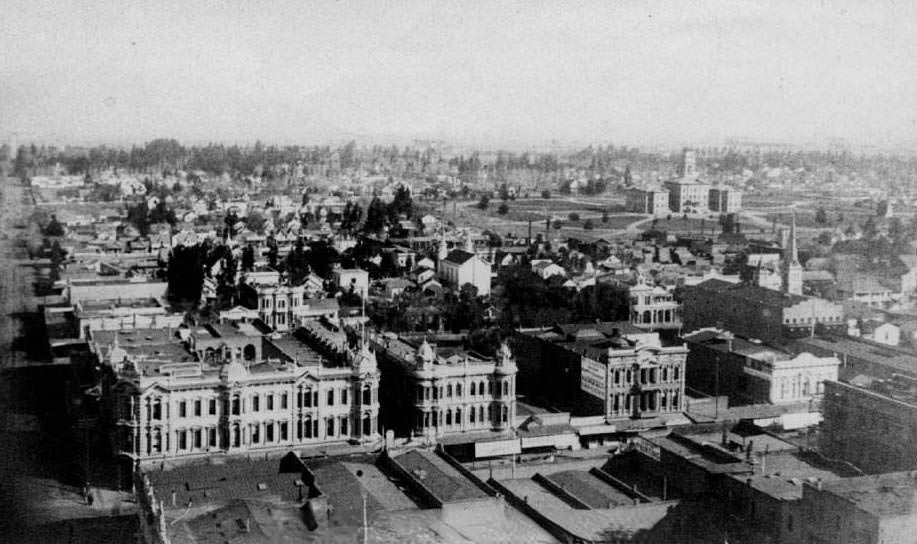 Aerial photo of San Jose from the Electric Tower looking South East, 1880