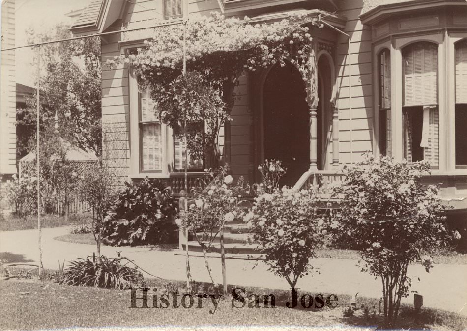 Roses in garden and on porch, 1895