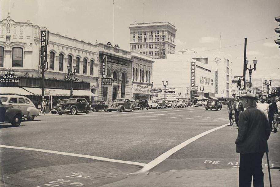 Looking northeast form the insection of Santa Clara and Market Streets, 1950s