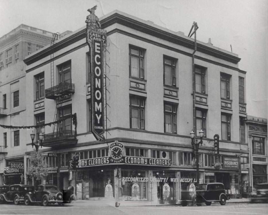 Economy Cleaners located on the north west corner of Second and Santa Clara Streets about 1935.