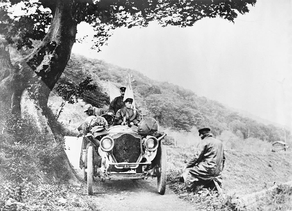 The Thomas Flyer, American entry in the 1908 New York to Paris Auto race en route thru Manchuria.