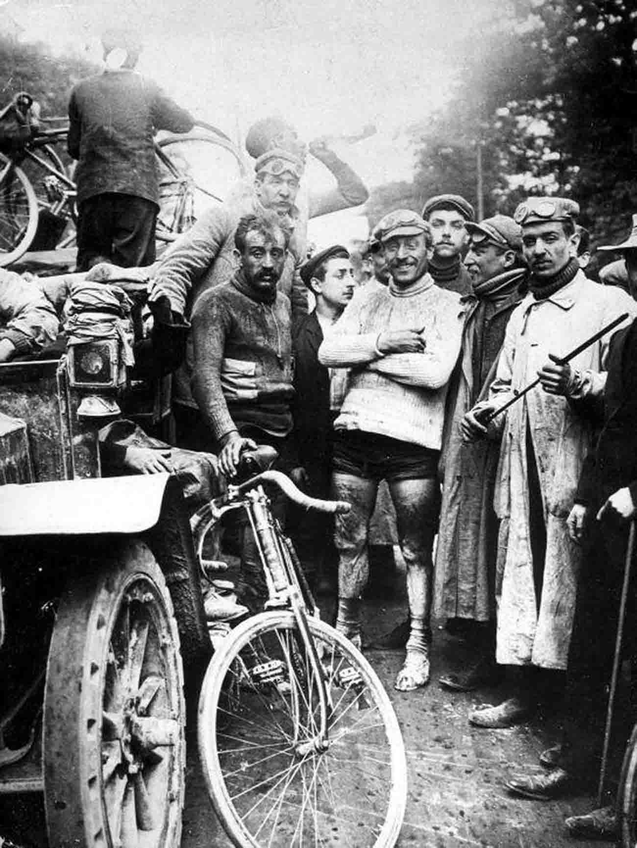 The winning scene at the finish of the first Tour.