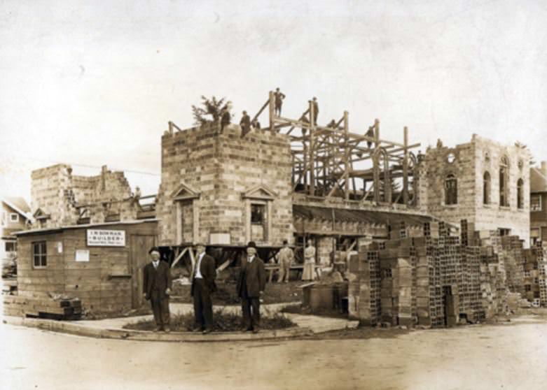 Construction of the Congregational Church located at 14th and Main Street in Vancouver, 1880s