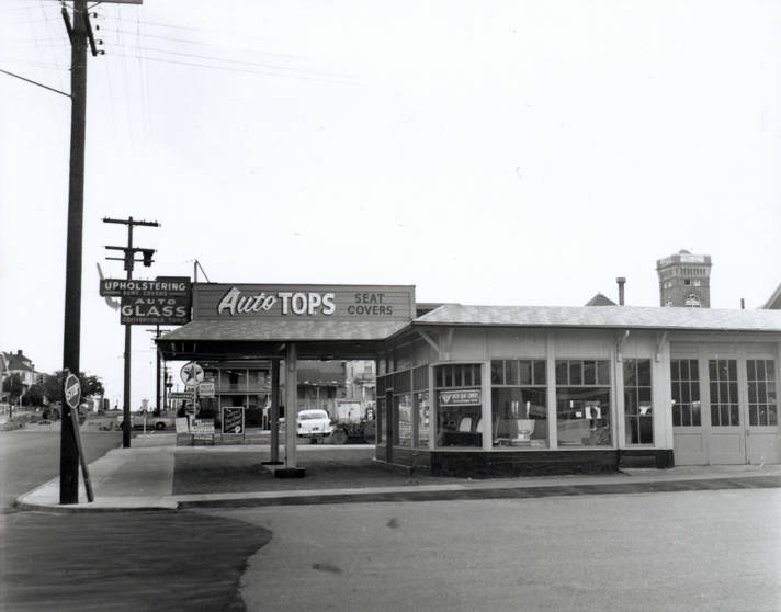 Broadway Seat Covers, located at Broadway & 15th (1411 Broadway), Vancouver, 1956