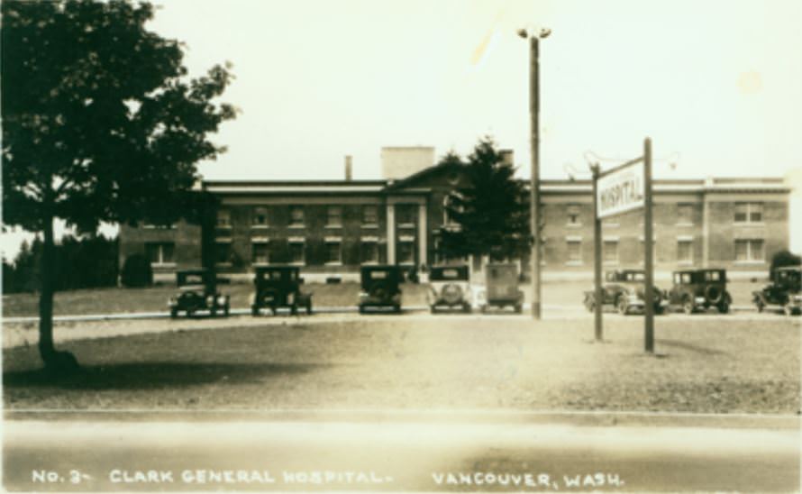 Clark General Hospital with cars parked out front, 1900s
