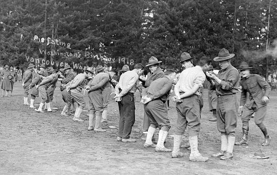 Pie eating contest, Washington's birthday in Vancouver, 1918