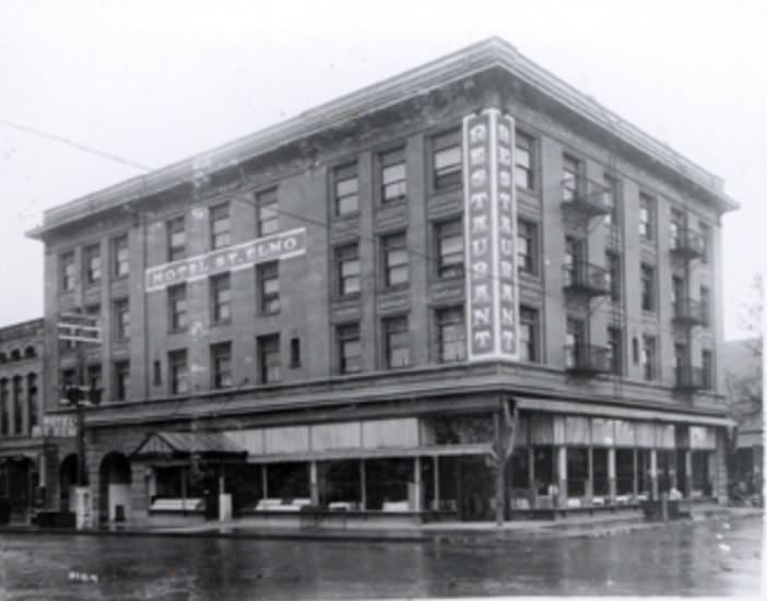 The exterior of the Hotel St. Elmo which is located at 5th and Washington Street in Vancouver, 1930s