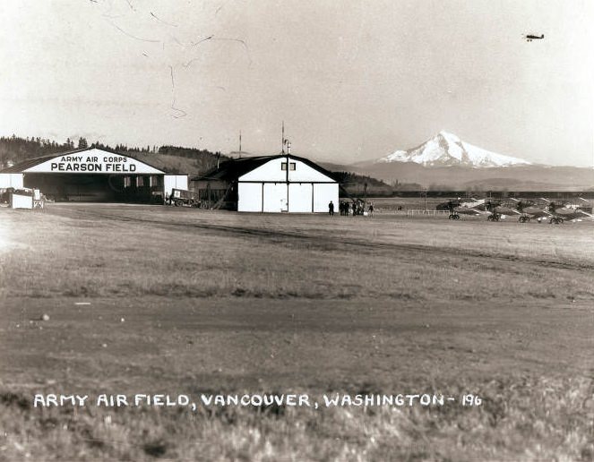 A view of the Army Air Corps at Pearson Airfield with Mount Hood in the background, 1930