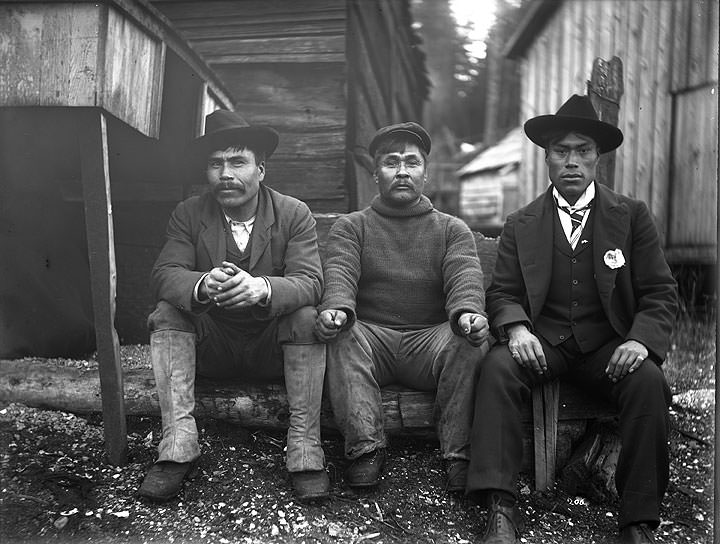 Charley Ross & two others, Dodger's Cover, Barclay Sound, Vancouver, 1902