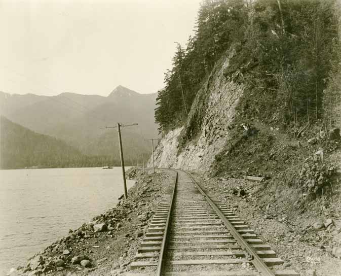 Logging railroad track by Lake Crescent in Clallam County, 1918