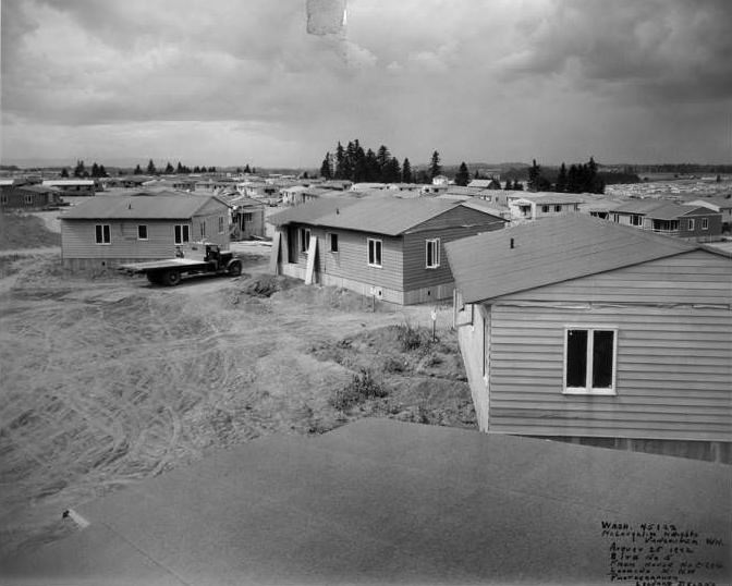 An area of newly constructed housing in the area of McLoughlin Heights. Vancouver, 1942