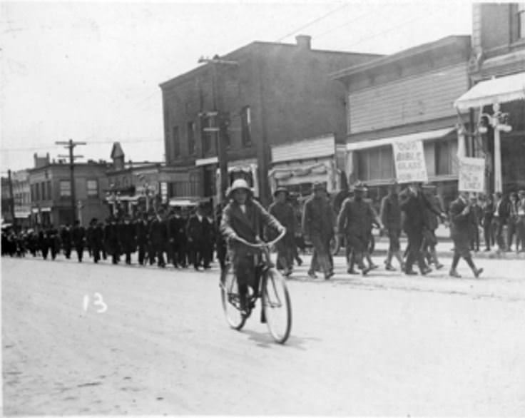 The Methodist Bible Class marches between 7th and 8th Street on Main Street during a parade in Vancouver, 1917