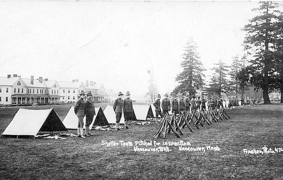 Shelter tents pitched for inspection, Vancouver B'ks, Vancouver, 1910