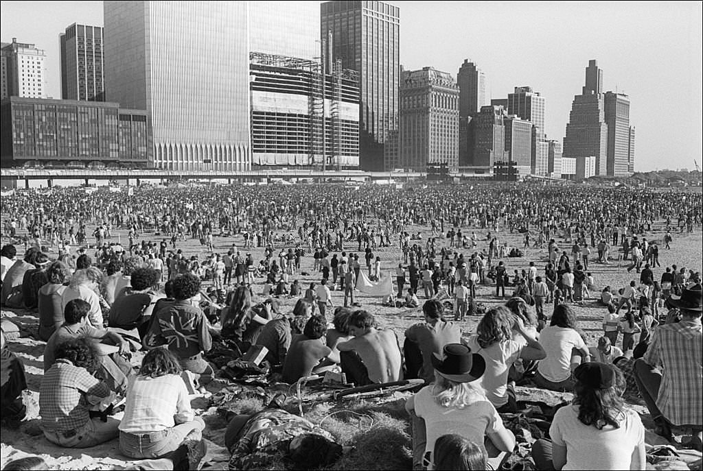Musicians United for Safe Energy present an Anti-Nuclear Power rally and concert on the Battery Park City landfill opposite the World Trade Center twin towers, 1979
