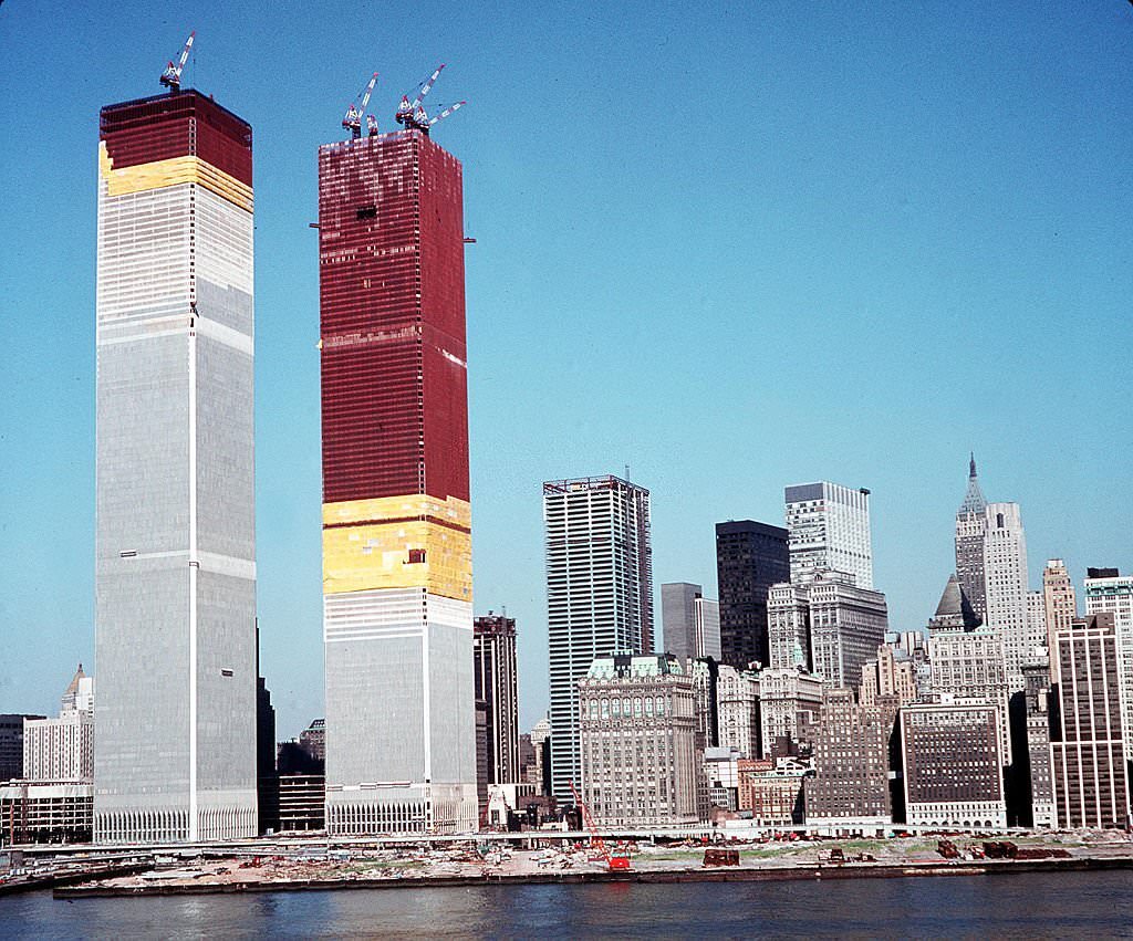 A view of the "Twin Towers" of the World Trade Centre under construction, 1971