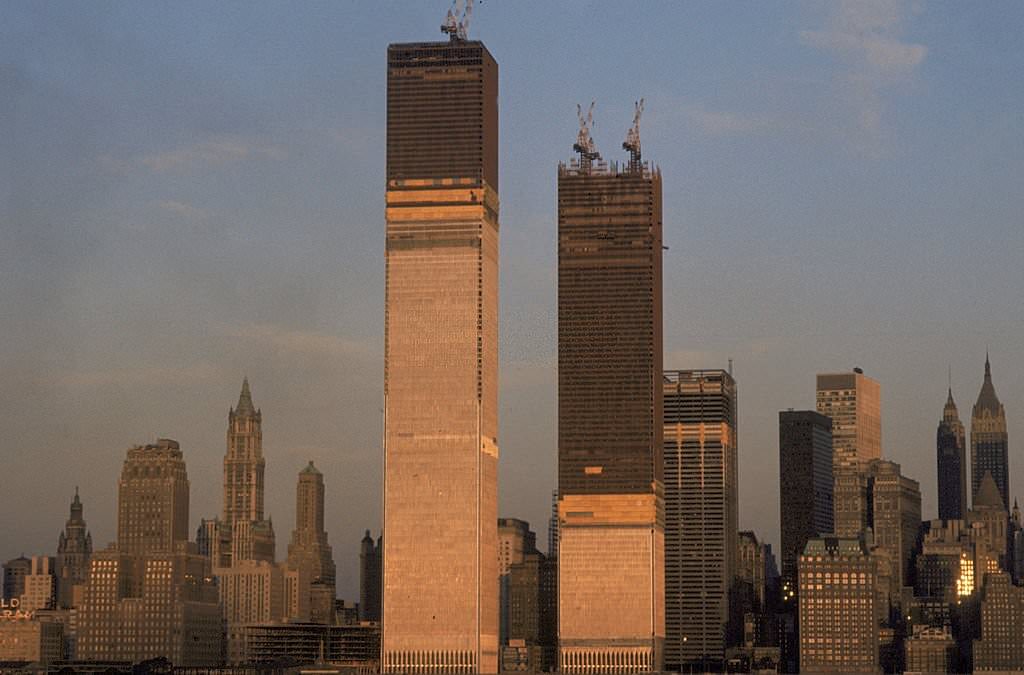 View of One World Trade Center (left) and Two World Trade Center during their construction, New York City, 1971.
