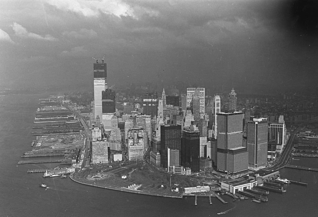 Storm clouds over the New York skyline, where the World Trade Center (World Trade Centre) is under construction, 1971