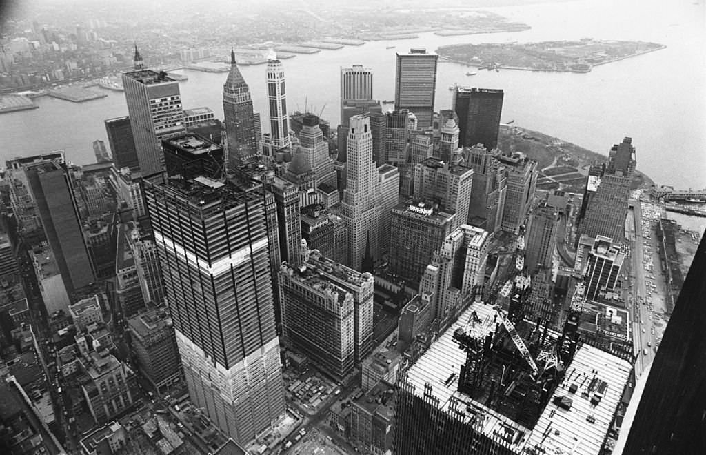A bird's eye view of the World Trade Center (World Trade Centre) building under construction in New York.