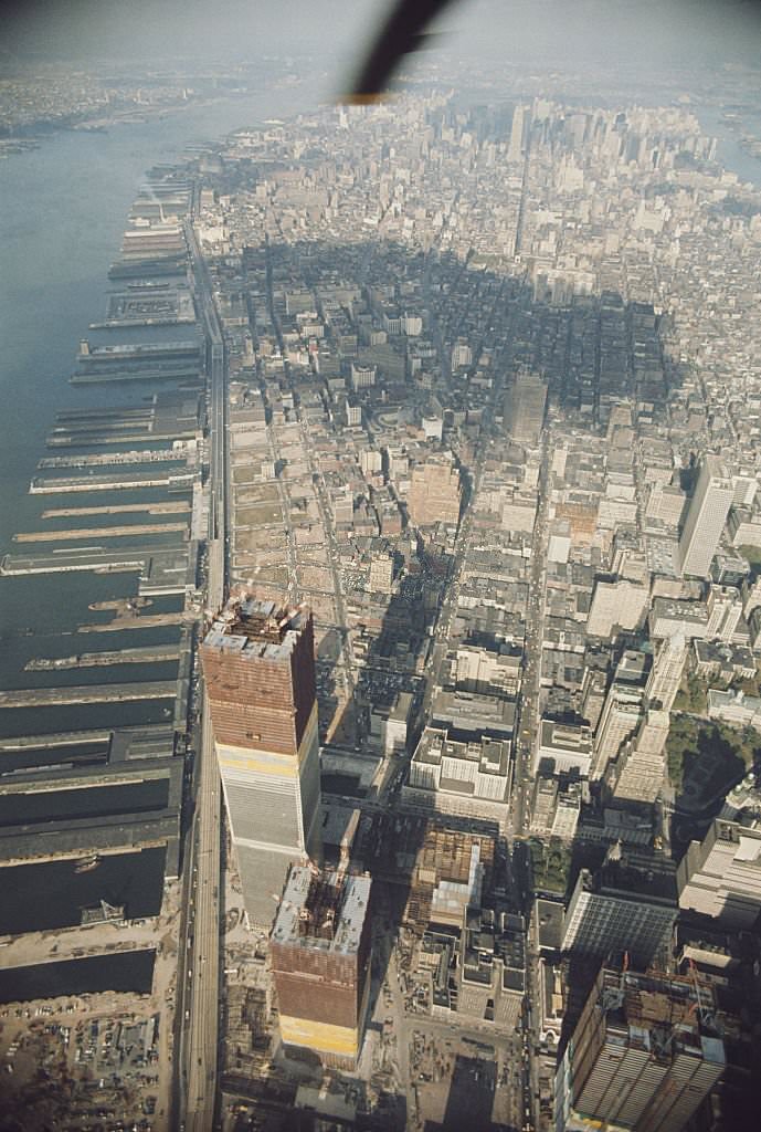 Aerial view of the twin towers of the World Trade Center under construction in Lower Manhattan, New York City on 23rd October 1970.