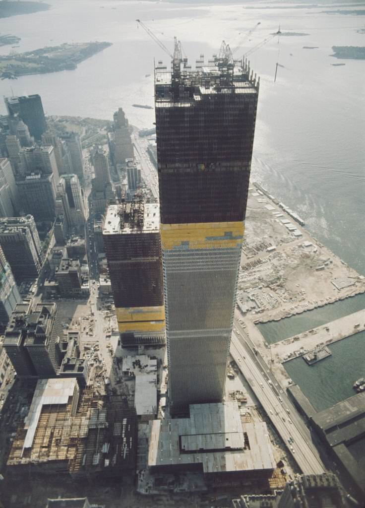 The twin towers of the World Trade Center under construction in Lower Manhattan, New York City on 20th October 1970.