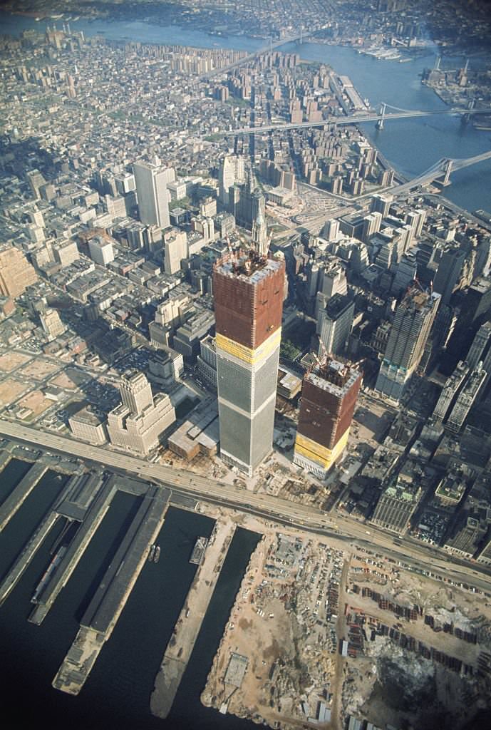 Airview of one of the two towers of the World Trade Center under construction.