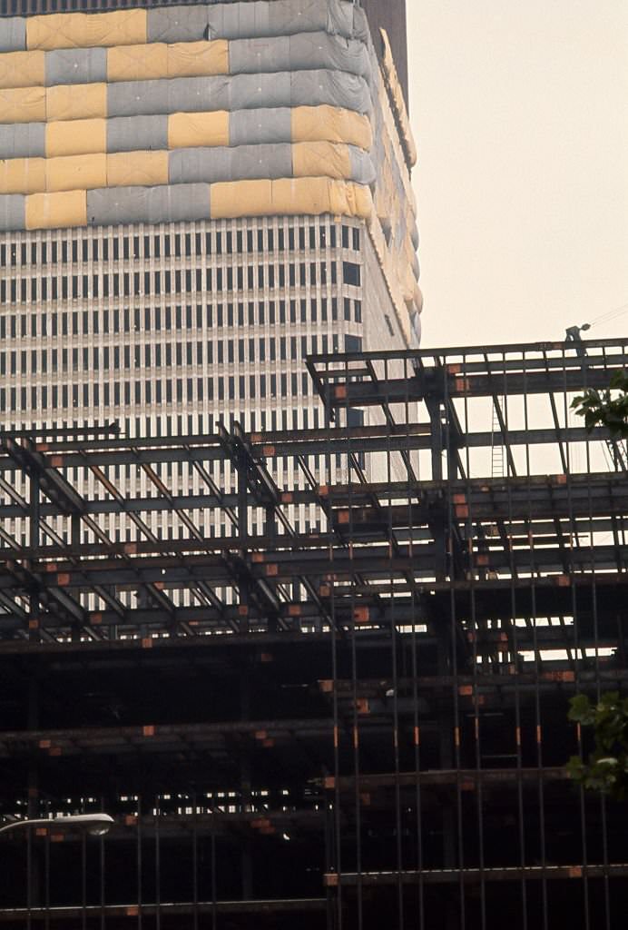 The under-construction north and south towers of the World Trade Center (WTC) in downtown Manhattan, 1970