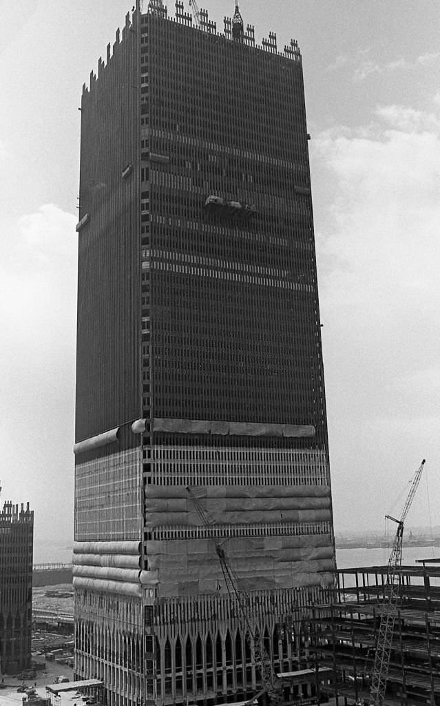 Construction of Tower Two (South Tower) begins on the right during the Spring of 1970.