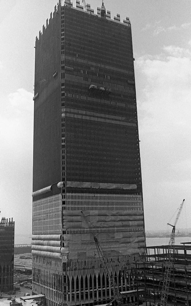 Construction of Tower Two (South Tower) begins on the right during the Spring of 1970.
