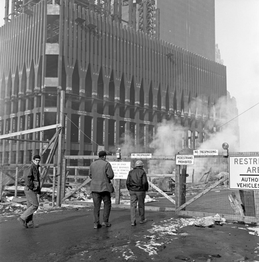 Workers entering the World Trade Center construction site in Downtown Manhattan during the Winter of 1970