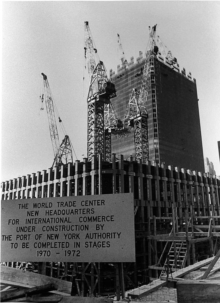View of the World Trade Center complex under construction, New York City, 1971.