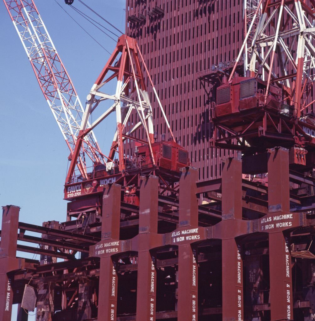 Partially completed structures at the construction site for the World Trade Center complex, 1969