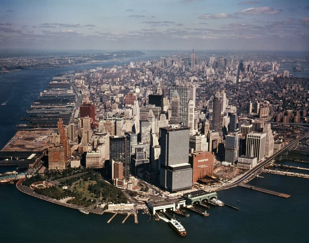 Aerial Downtown Manhattan looking North Battery Park World Trade Center Under construction, 1970s