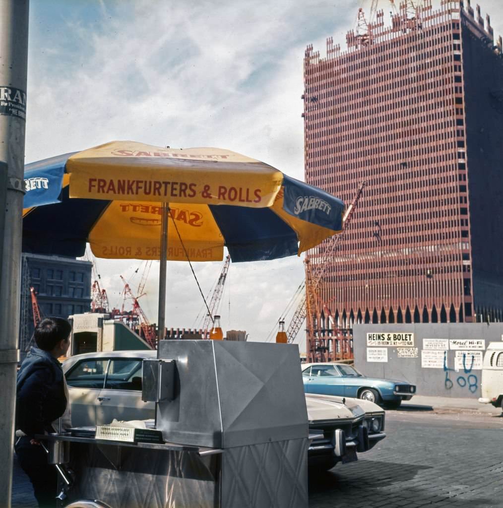 Looking west, at Greenwich and Fulton streets, of the construction of One World Trade Center (North Tower), 1969