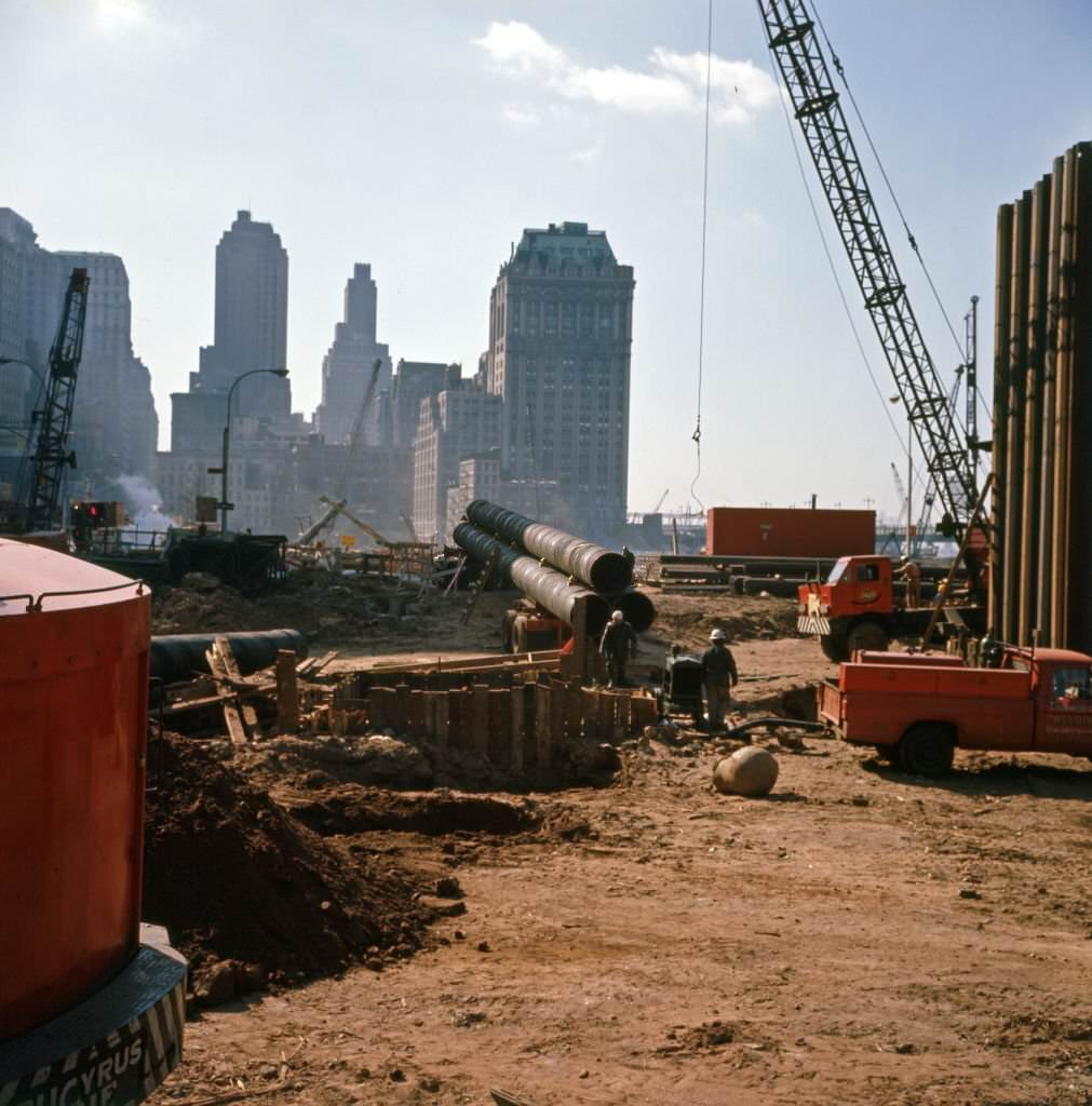 View of the construction site of towers one and two of the World Trade Center in downtown Manhattan, 1968
